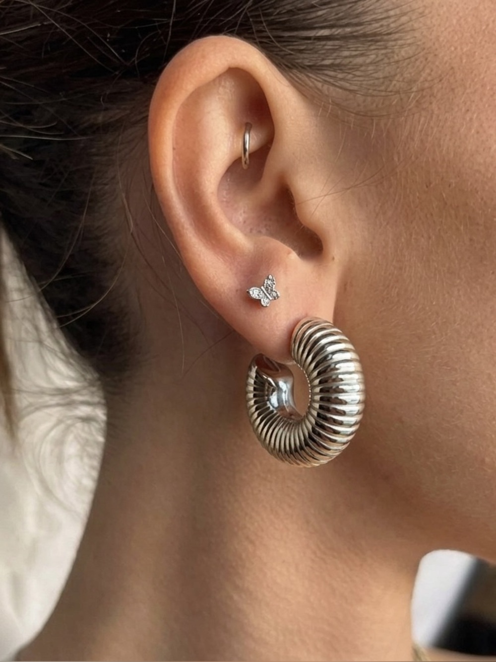 Stainless Steel Lightweight Earrings Chunky Textured Hoop Womens